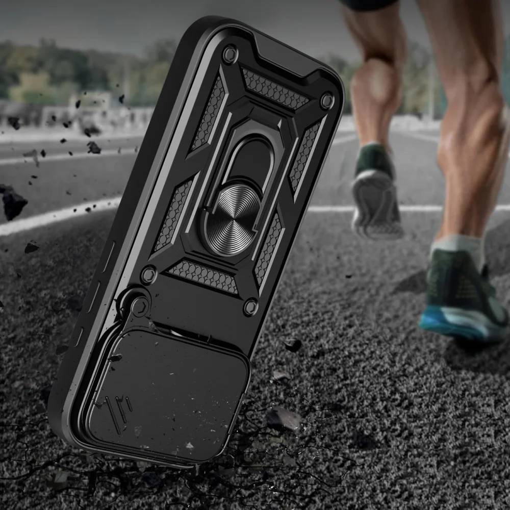 Hybrid Armor Camshield Case for iPhone 17 Pro Max with Stand and Camera Cover - Blackeng