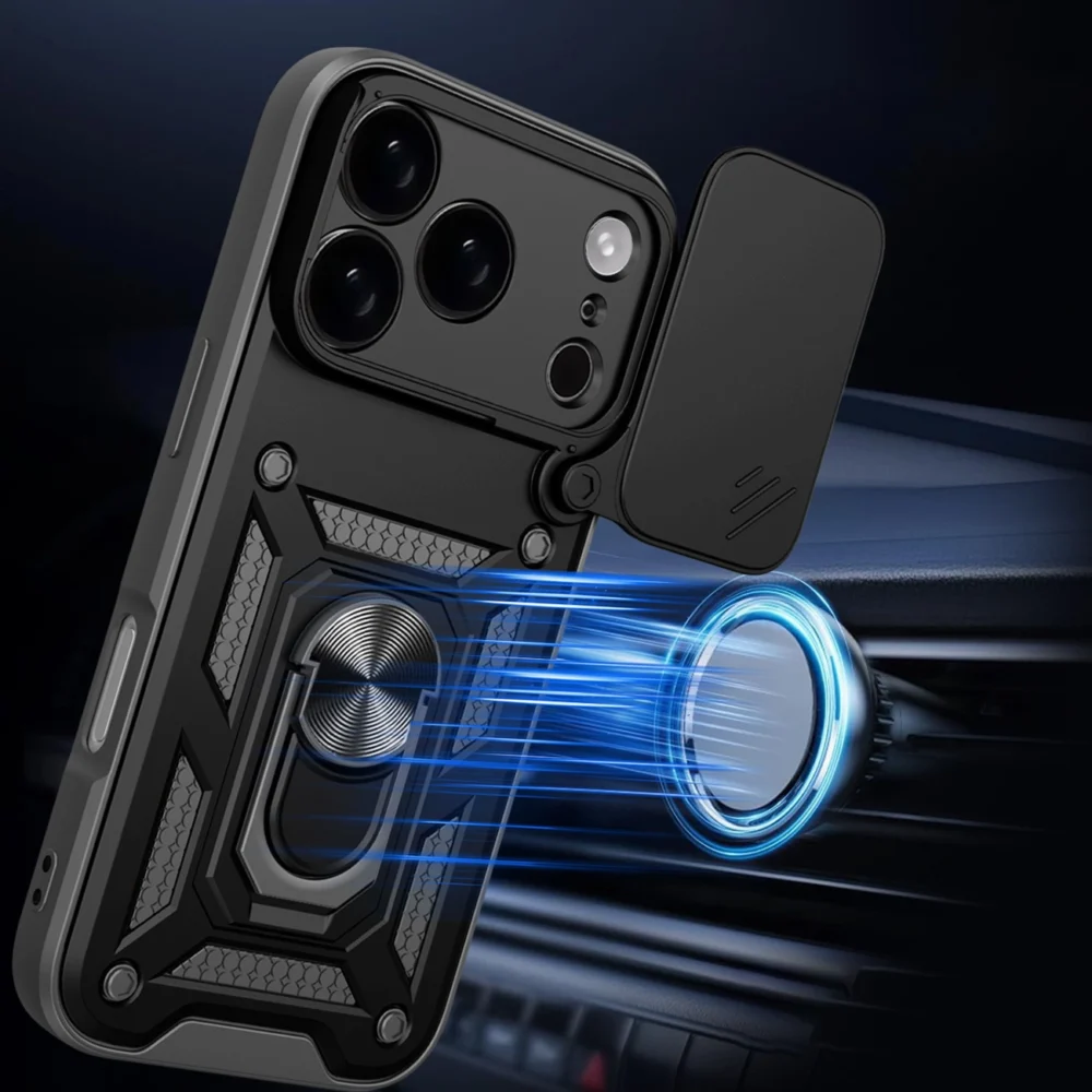 Hybrid Armor Camshield Case for iPhone 17 Pro Max with Stand and Camera Cover - Blackeng