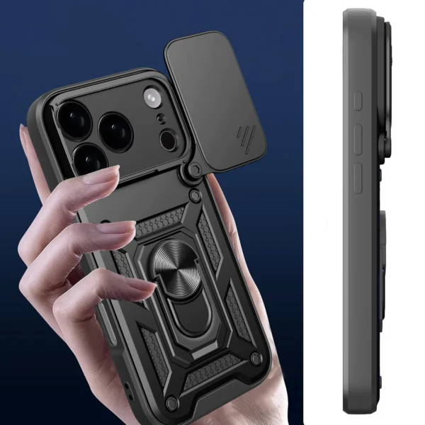Hybrid Armor Camshield Case for iPhone 17 Pro Max with Stand and Camera Cover - Blackeng