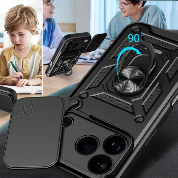 Hybrid Armor Camshield Case for iPhone 17 Pro Max with Stand and Camera Cover - Blackeng