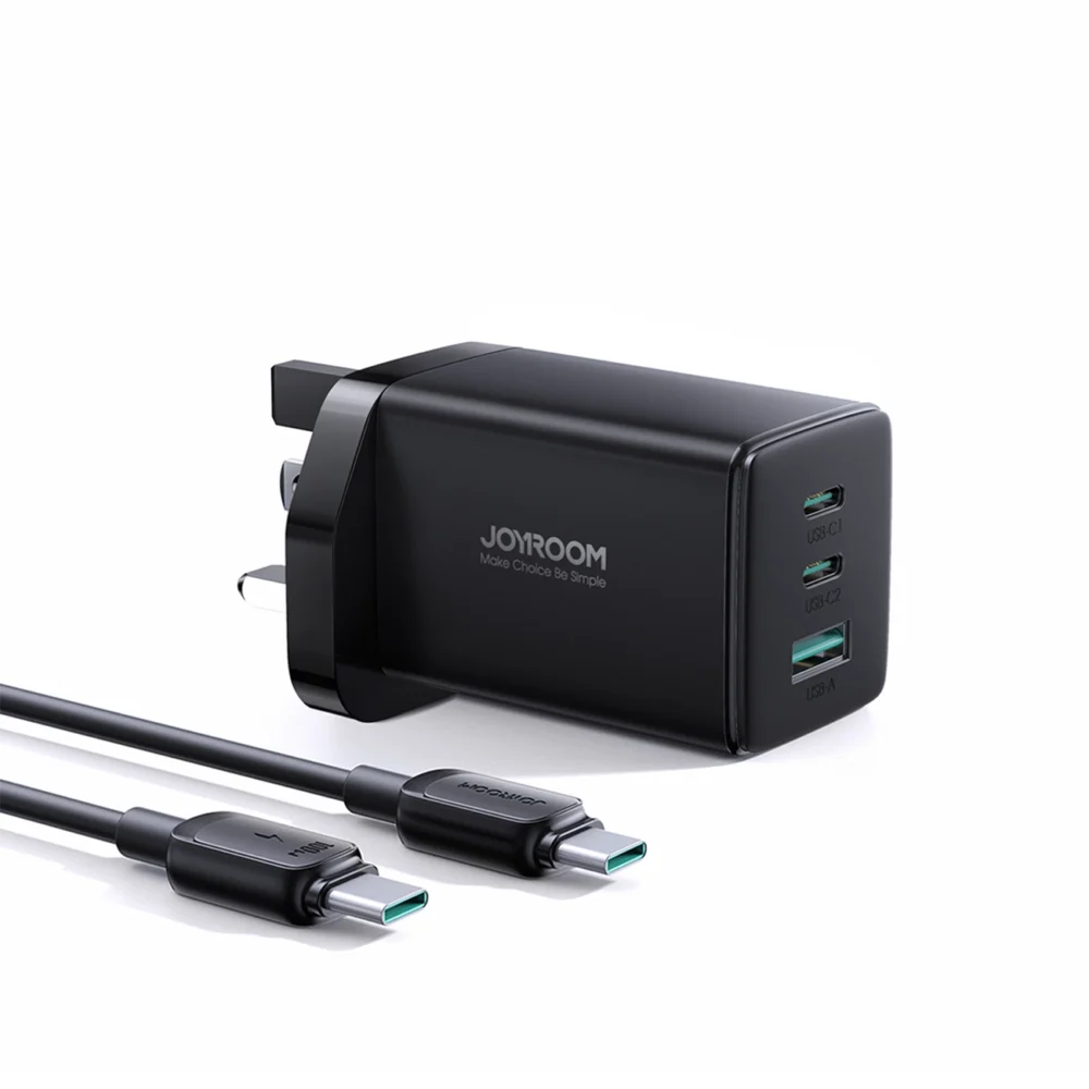 Joyroom JR-TCG01 Ultra GaN 65W Wall Charger 2 x USB-C + 1 x USB-A (UK plug) with 100W 1.2m USB-C Cable - Blackeng