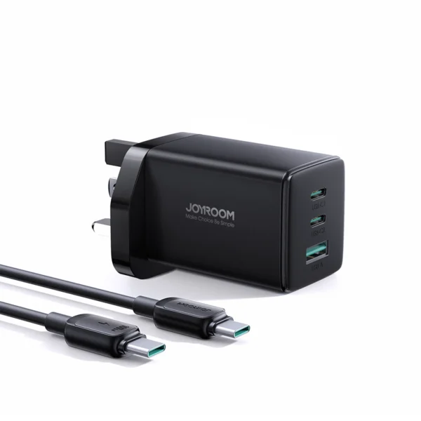 Joyroom JR-TCG01 Ultra GaN 65W Wall Charger 2 x USB-C + 1 x USB-A (UK plug) with 100W 1.2m USB-C Cable - Blackeng