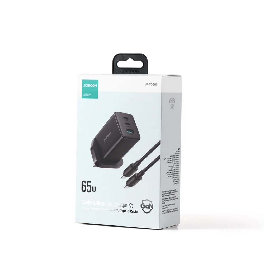Joyroom JR-TCG01 Ultra GaN 65W Wall Charger 2 x USB-C + 1 x USB-A (UK plug) with 100W 1.2m USB-C Cable - Blackeng
