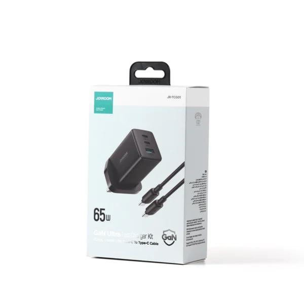 Joyroom JR-TCG01 Ultra GaN 65W Wall Charger 2 x USB-C + 1 x USB-A (UK plug) with 100W 1.2m USB-C Cable - Blackeng
