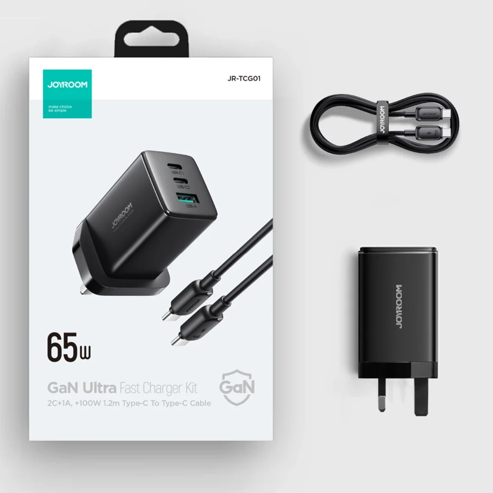 Joyroom JR-TCG01 Ultra GaN 65W Wall Charger 2 x USB-C + 1 x USB-A (UK plug) with 100W 1.2m USB-C Cable - Blackeng