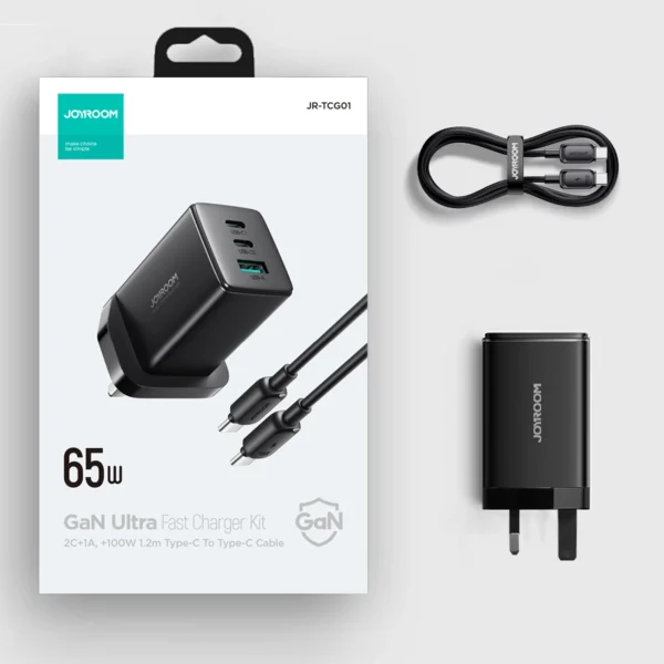 Joyroom JR-TCG01 Ultra GaN 65W Wall Charger 2 x USB-C + 1 x USB-A (UK plug) with 100W 1.2m USB-C Cable - Blackeng