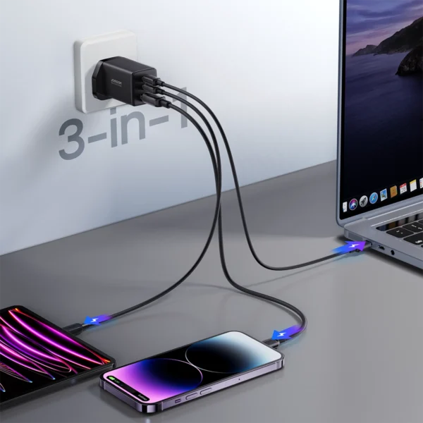 Joyroom JR-TCG01 Ultra GaN 65W Wall Charger 2 x USB-C + 1 x USB-A (UK plug) with 100W 1.2m USB-C Cable - Blackeng