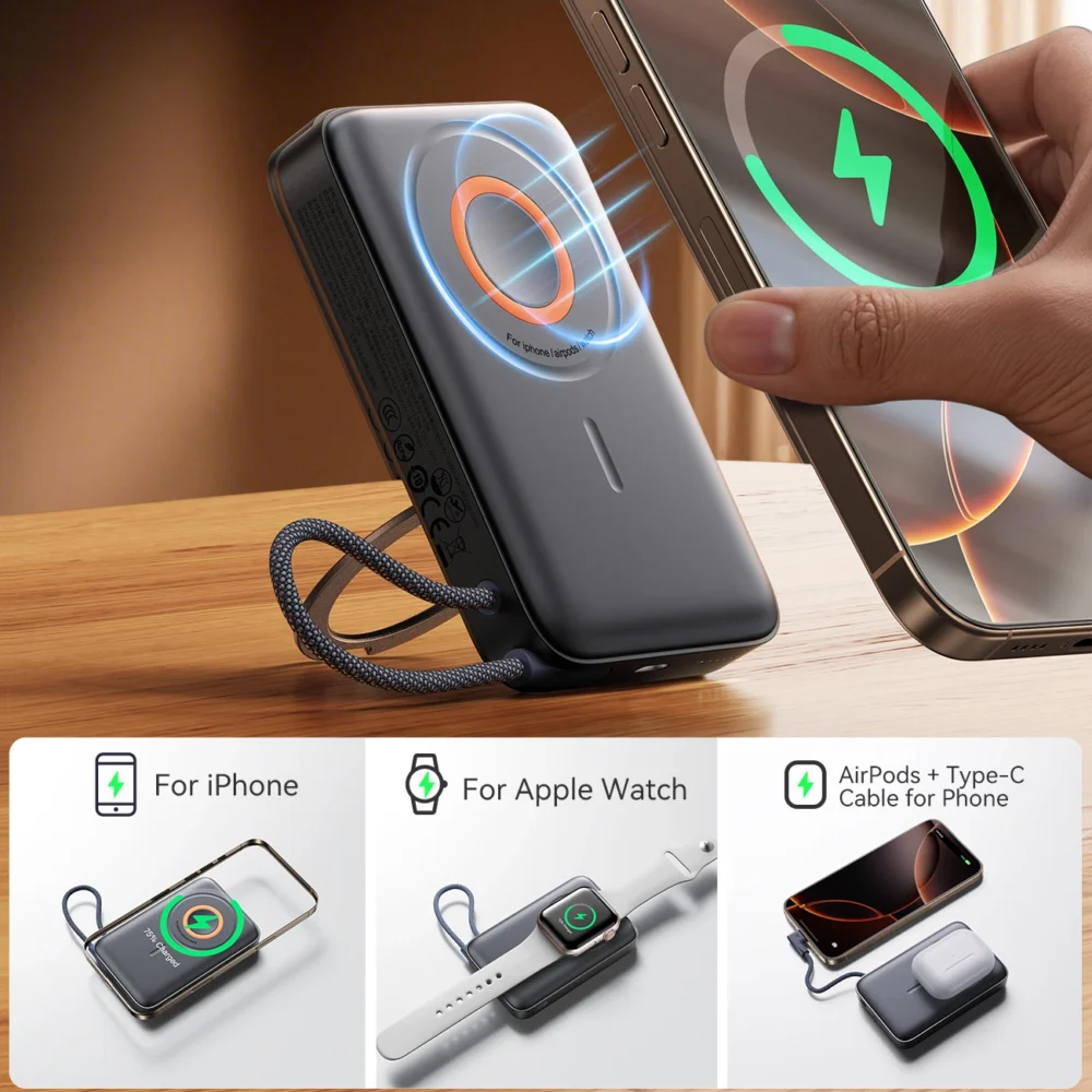 Joyroom JR-PBM02 Powerbank 22.5W 10000mAh 3in1 Magnetic Inductive Compatible with MagSafe with Built-in Cable - Blackeng