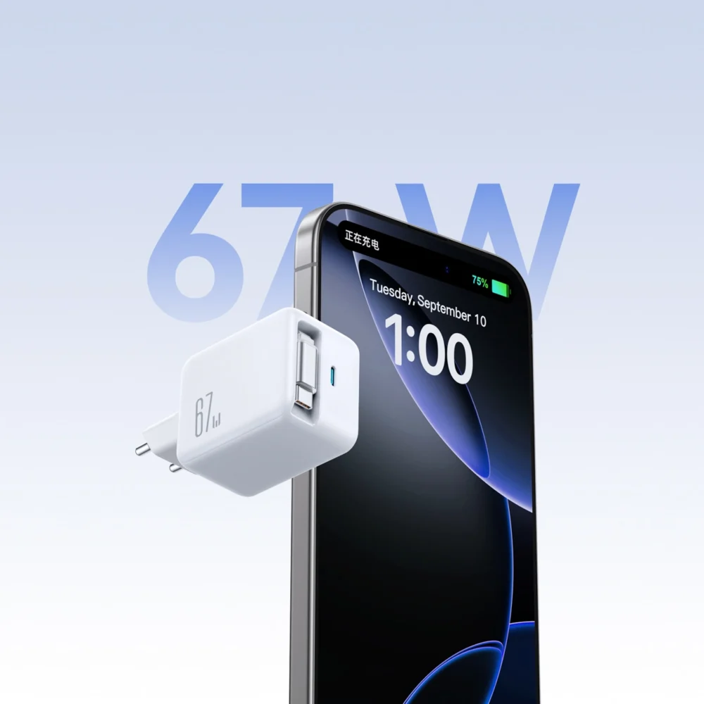 Joyroom JR-TCL06 67W GaN Wall Charger with Built-in Retractable USB-C Cable - Whiteeng