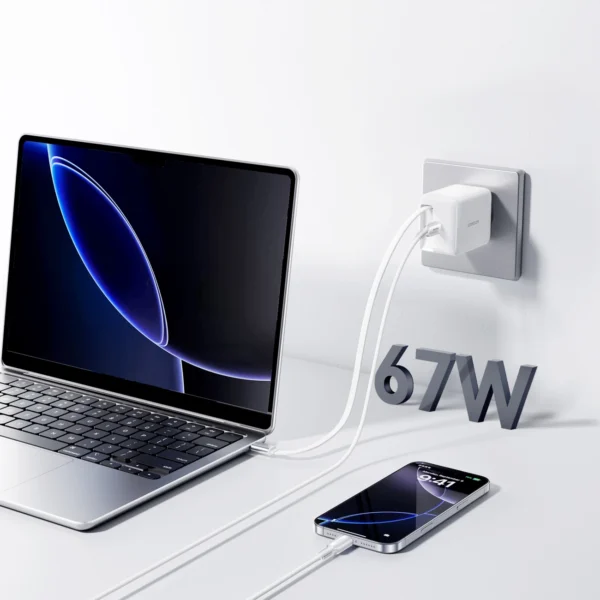 Joyroom JR-TCL06 67W GaN Wall Charger with Built-in Retractable USB-C Cable - Whiteeng