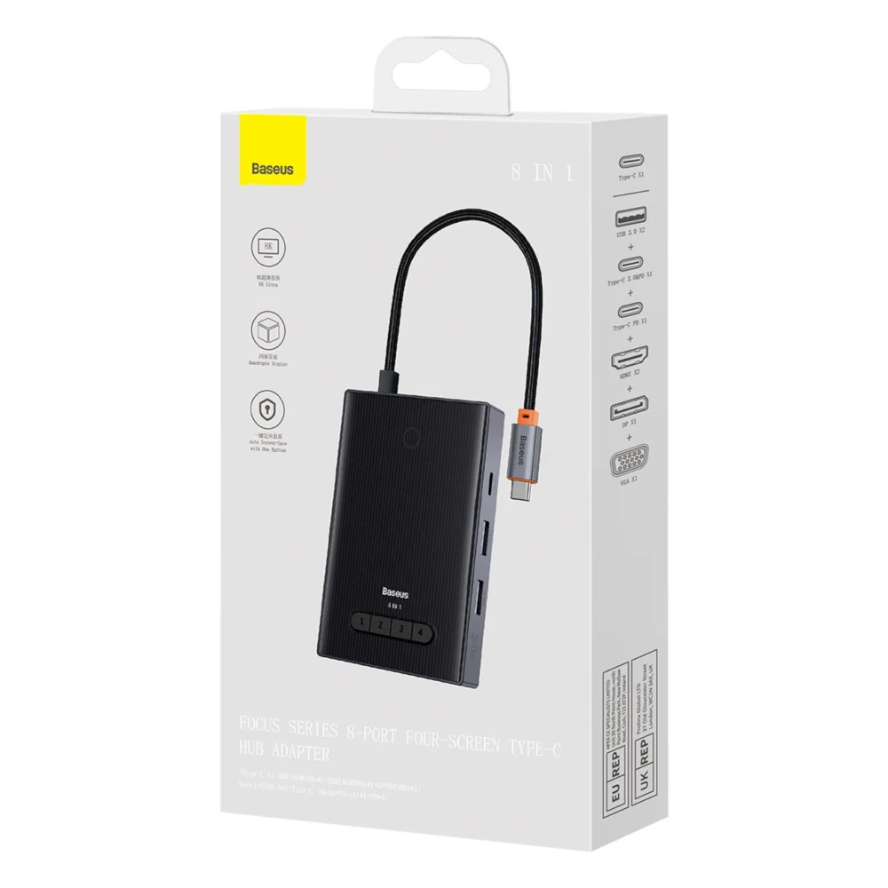 Baseus PioneerJoy 8-in-1 USB-C hub HDMI 4K@60Hz + HDMI 4K@30Hz + DisplayPort 8K@30Hz + VGA + 2 x USB-A 3.0 + 2 x USB-C - grayeng