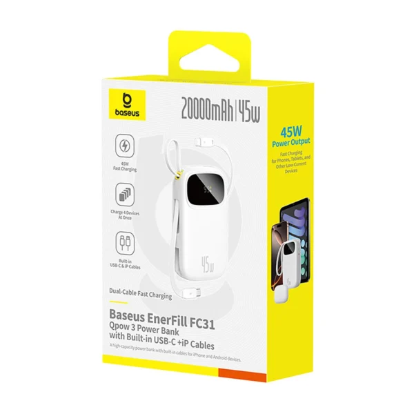 Baseus EnerFill FC31 20000mAh 45W Powerbank with Digital Display and 2 Built-in Cables (USB-C + Lightning) - Whiteeng