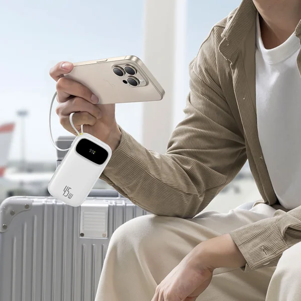 Baseus EnerFill FC31 20000mAh 45W Powerbank with Digital Display and 2 Built-in Cables (USB-C + Lightning) - Whiteeng