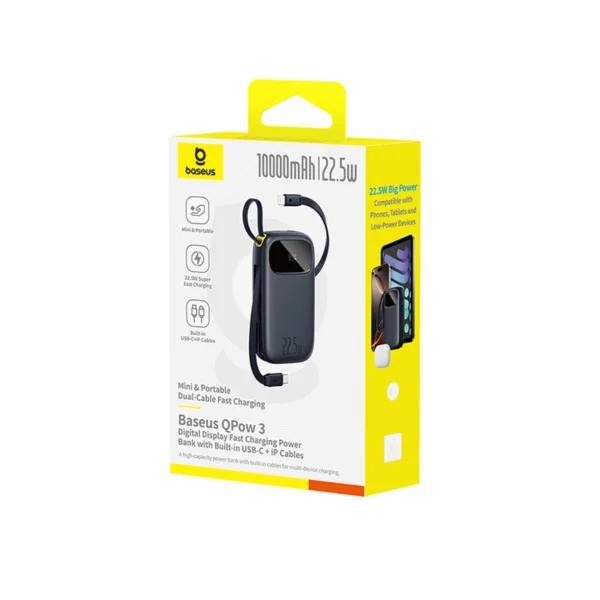 Baseus EnerFill FC31 10000mAh 22.5W Powerbank with Digital Display and 2 Built-in Cables (USB-C + Lightning) - Blackeng