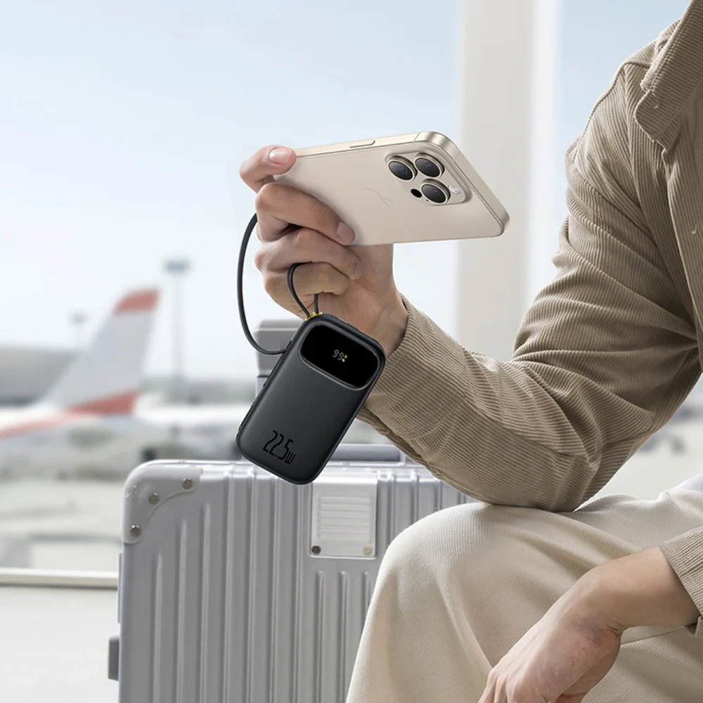 Baseus EnerFill FC31 10000mAh 22.5W Powerbank with Digital Display and 2 Built-in Cables (USB-C + Lightning) - Blackeng