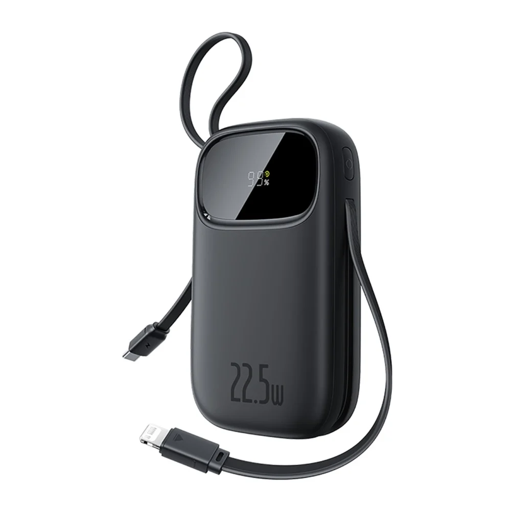 Baseus EnerFill FC31 20000mAh 22.5W Powerbank with Digital Display and 2 Built-in Cables (USB-C + Lightning) - Blackeng