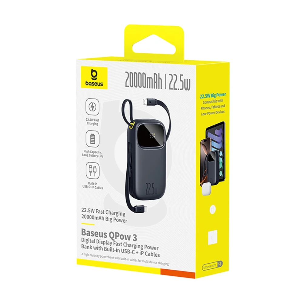 Baseus EnerFill FC31 20000mAh 22.5W Powerbank with Digital Display and 2 Built-in Cables (USB-C + Lightning) - Blackeng