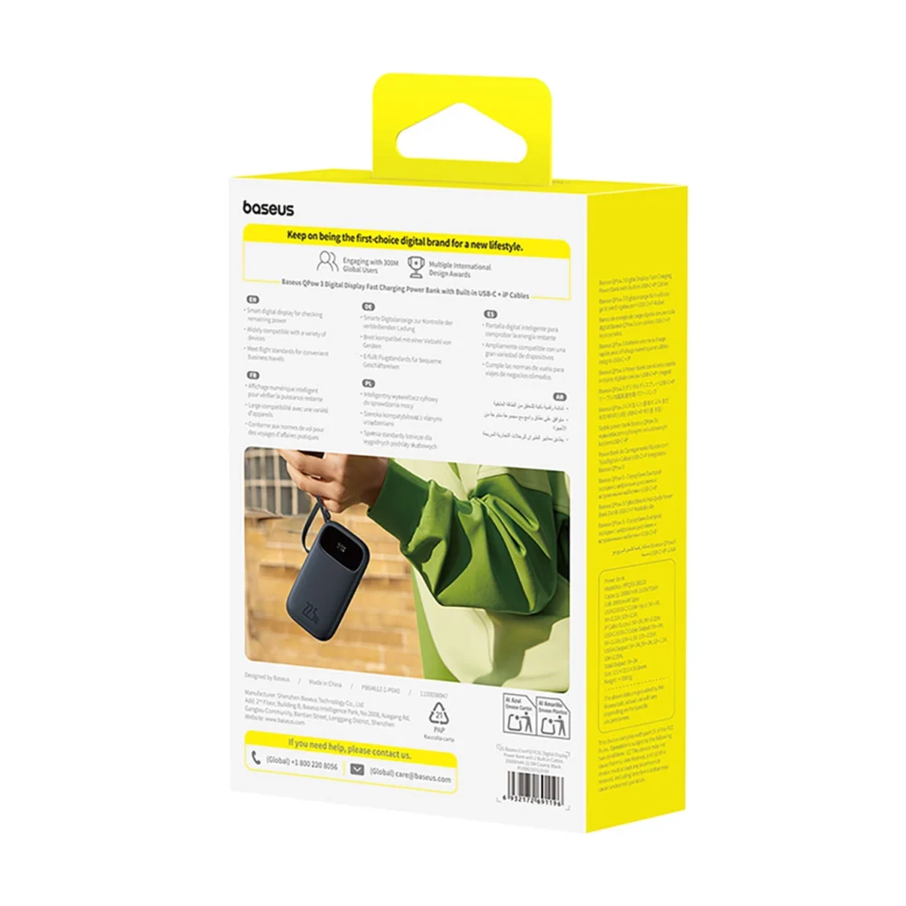 Baseus EnerFill FC31 20000mAh 22.5W Powerbank with Digital Display and 2 Built-in Cables (USB-C + Lightning) - Blackeng