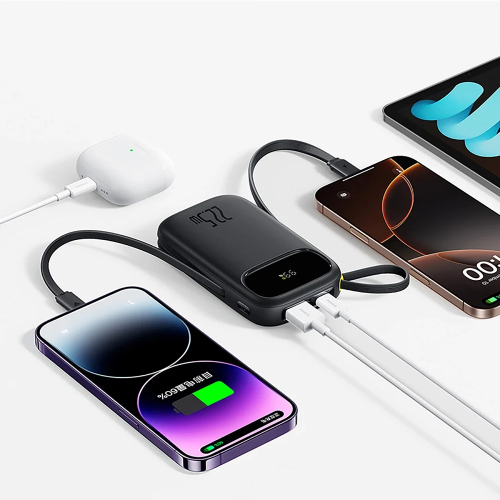 Baseus EnerFill FC31 20000mAh 22.5W Powerbank with Digital Display and 2 Built-in Cables (USB-C + Lightning) - Blackeng