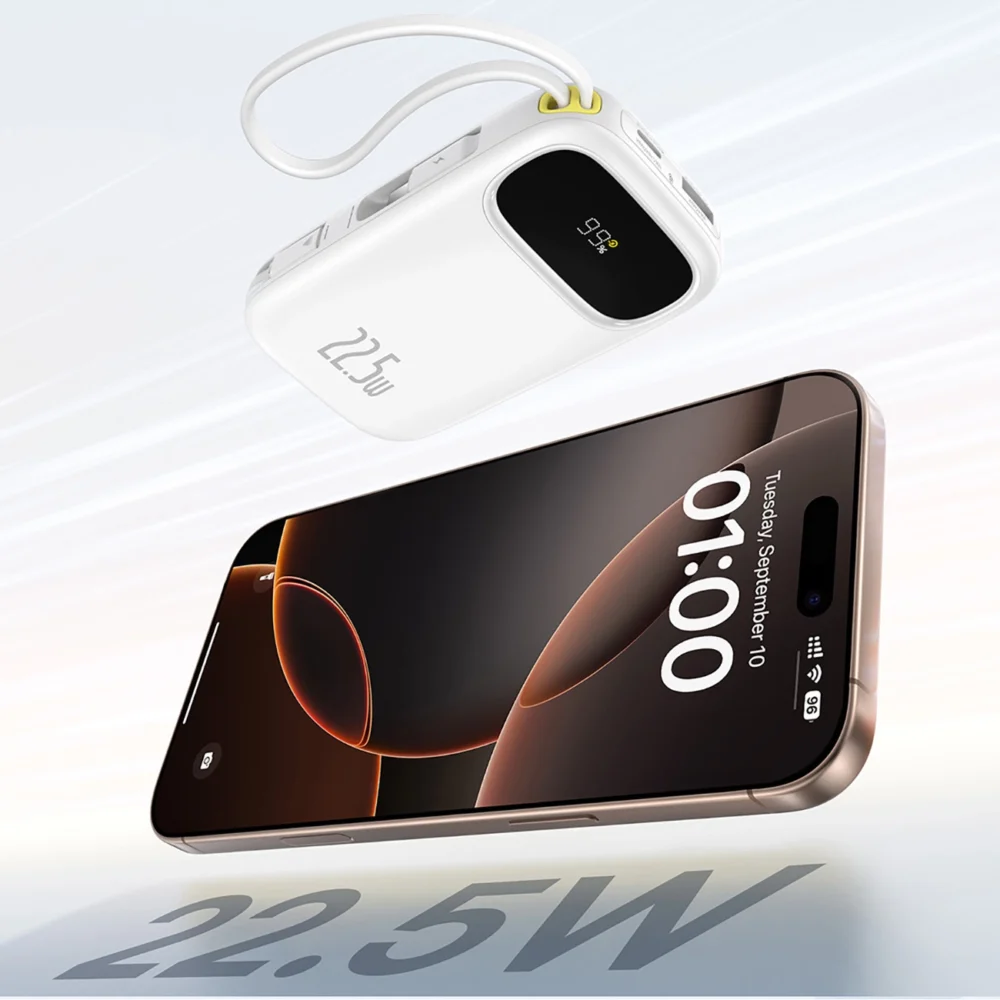 Baseus EnerFill FC31 20000mAh 22.5W Powerbank with Digital Display and 2 Built-in Cables (USB-C + Lightning) - Whiteeng