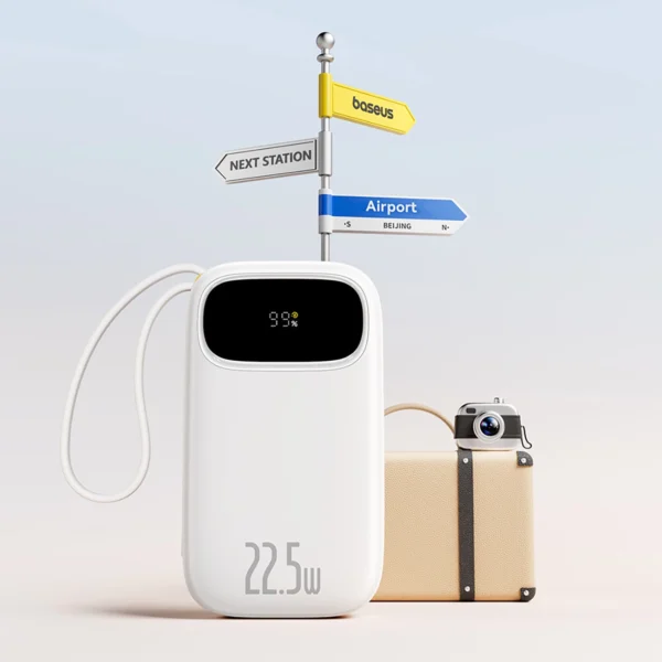 Baseus EnerFill FC31 20000mAh 22.5W Powerbank with Digital Display and 2 Built-in Cables (USB-C + Lightning) - Whiteeng