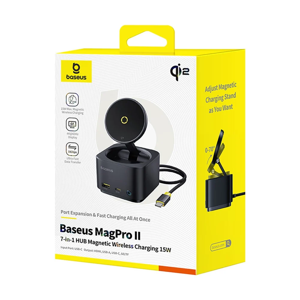 Baseus MagPro Series II 7-in-1 USB-C Hub with MagSafe-compatible Charger 15W + HDMI + USB-A + USB-C + SD/TF - Blackeng
