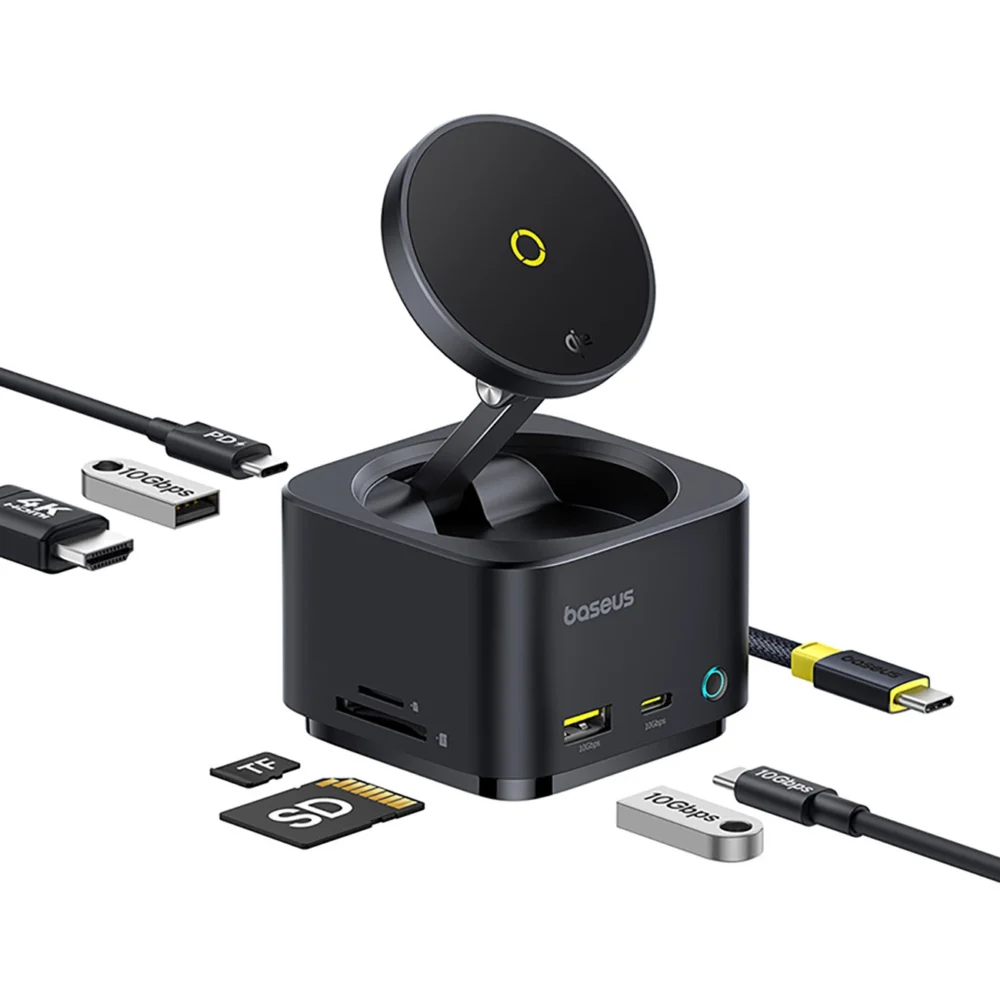 Baseus MagPro Series II 7-in-1 USB-C Hub with MagSafe-compatible Charger 15W + HDMI + USB-A + USB-C + SD/TF - Blackeng