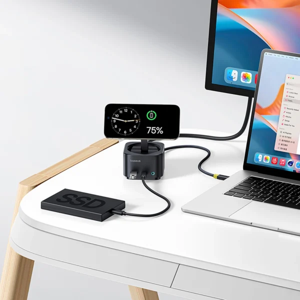 Baseus MagPro Series II 7-in-1 USB-C Hub with MagSafe-compatible Charger 15W + HDMI + USB-A + USB-C + SD/TF - Blackeng