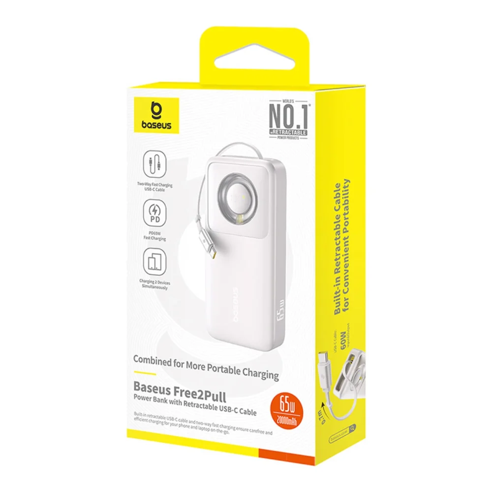 Baseus Free2Pull 20000mAh 65W Power Bank with Retractable USB-C Cable - Grayeng