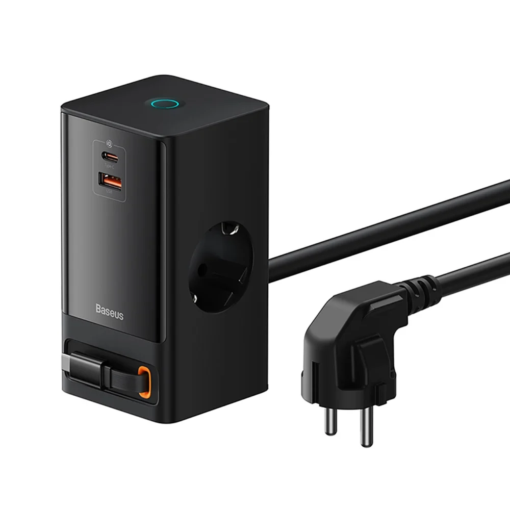 Baseus PowerCombo Charging Station 65W 1.5m 2 x EU + USB-A + USB-C + Retractable USB-C Cable - Blackeng