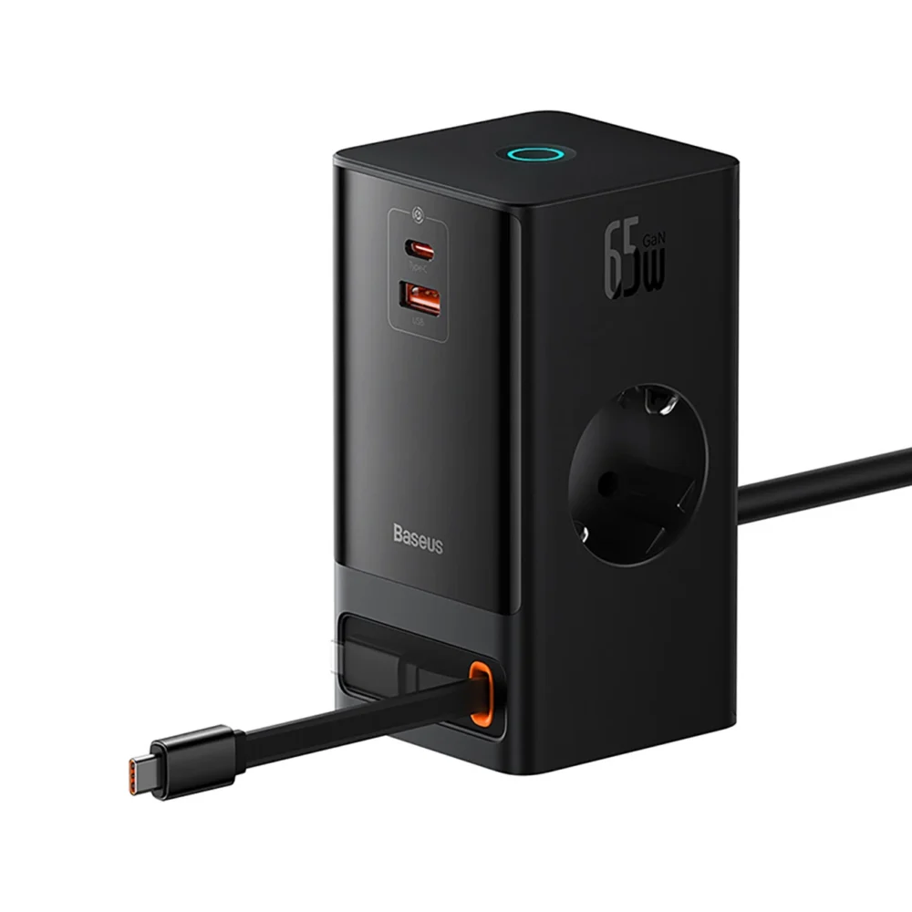 Baseus PowerCombo Charging Station 65W 1.5m 2 x EU + USB-A + USB-C + Retractable USB-C Cable - Blackeng