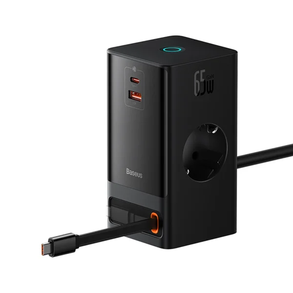 Baseus PowerCombo Charging Station 65W 1.5m 2 x EU + USB-A + USB-C + Retractable USB-C Cable - Blackeng