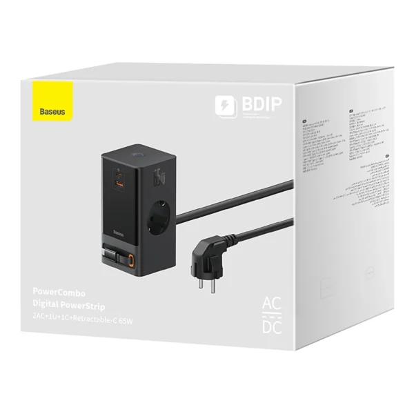 Baseus PowerCombo Charging Station 65W 1.5m 2 x EU + USB-A + USB-C + Retractable USB-C Cable - Blackeng
