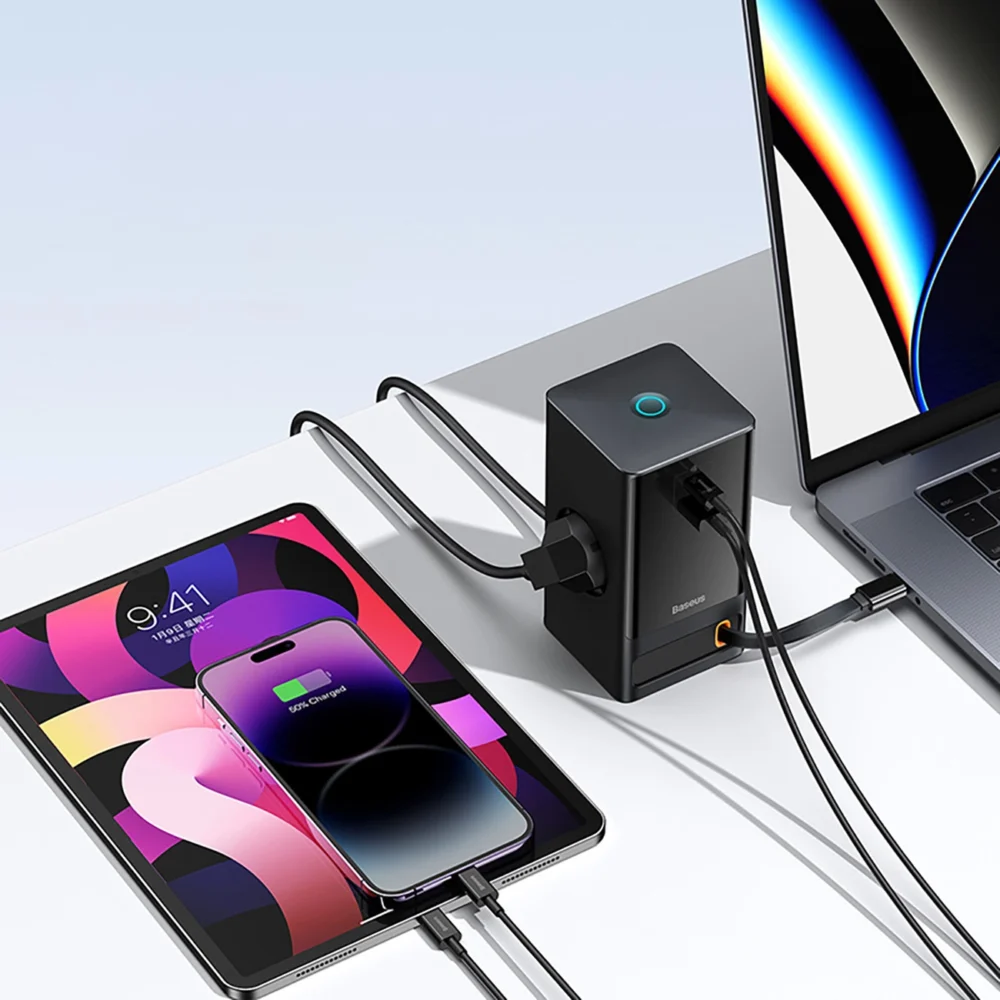 Baseus PowerCombo Charging Station 65W 1.5m 2 x EU + USB-A + USB-C + Retractable USB-C Cable - Blackeng