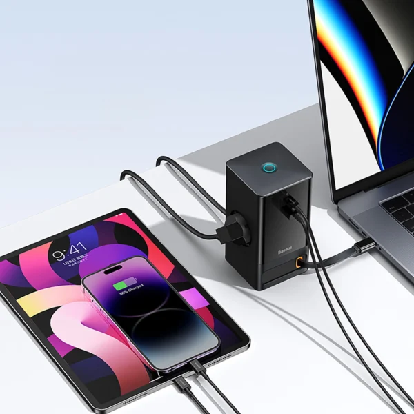 Baseus PowerCombo Charging Station 65W 1.5m 2 x EU + USB-A + USB-C + Retractable USB-C Cable - Blackeng