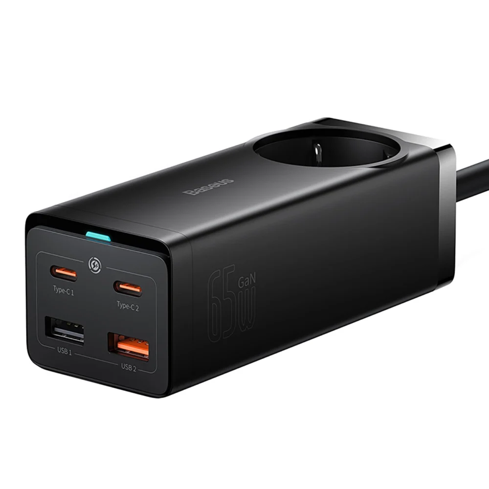 Baseus GaN3 Pro 65W EU Charging Station + 2 x USB-C + 2 x USB-A with Baseus Xiaobai USB-C 100W 1m Cable - Blackeng