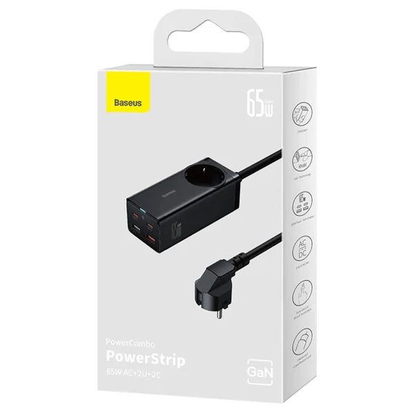 Baseus GaN3 Pro 65W EU Charging Station + 2 x USB-C + 2 x USB-A with Baseus Xiaobai USB-C 100W 1m Cable - Blackeng