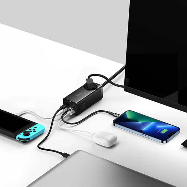 Baseus GaN3 Pro 65W EU Charging Station + 2 x USB-C + 2 x USB-A with Baseus Xiaobai USB-C 100W 1m Cable - Blackeng