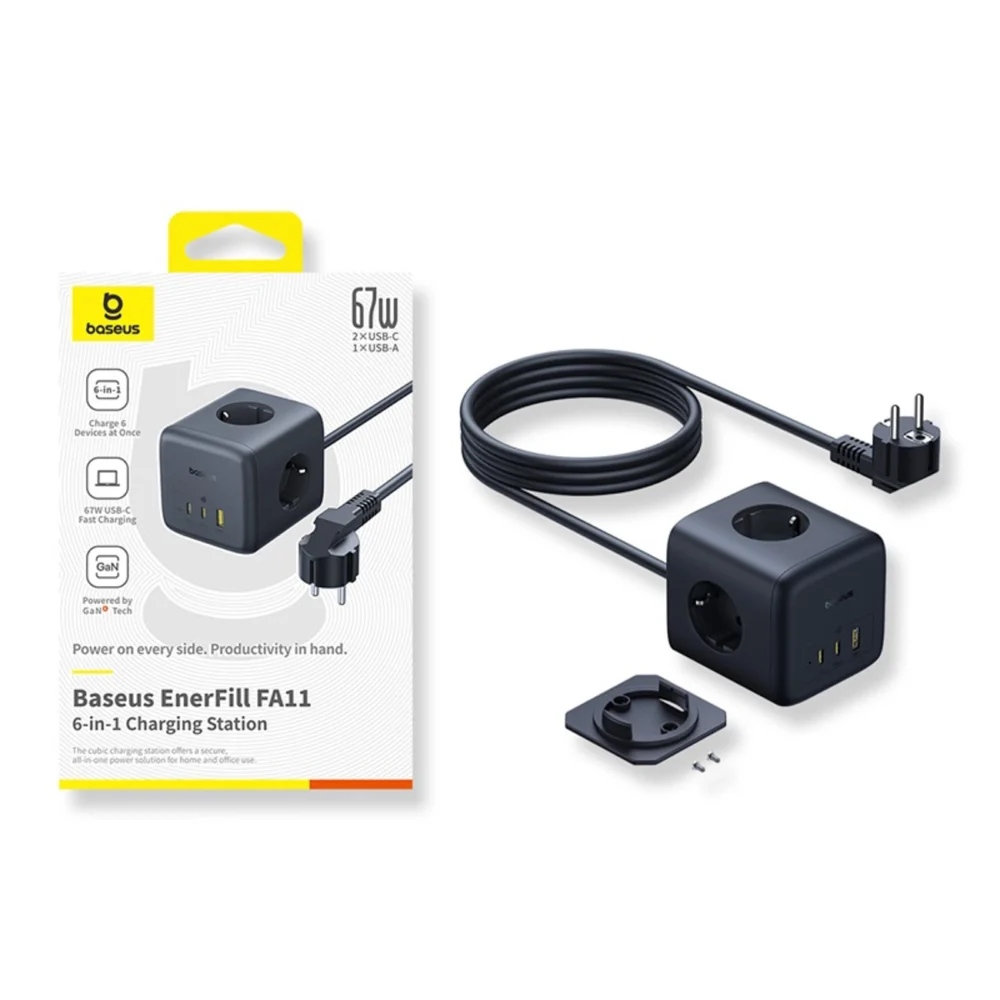 Baseus EnerFill FA11 67W Power Strip, USB-A + USB-C Cube + 3 x EU Socket 1.5m - Blackeng