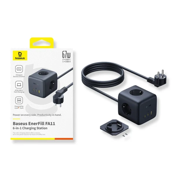 Baseus EnerFill FA11 67W Power Strip, USB-A + USB-C Cube + 3 x EU Socket 1.5m - Blackeng