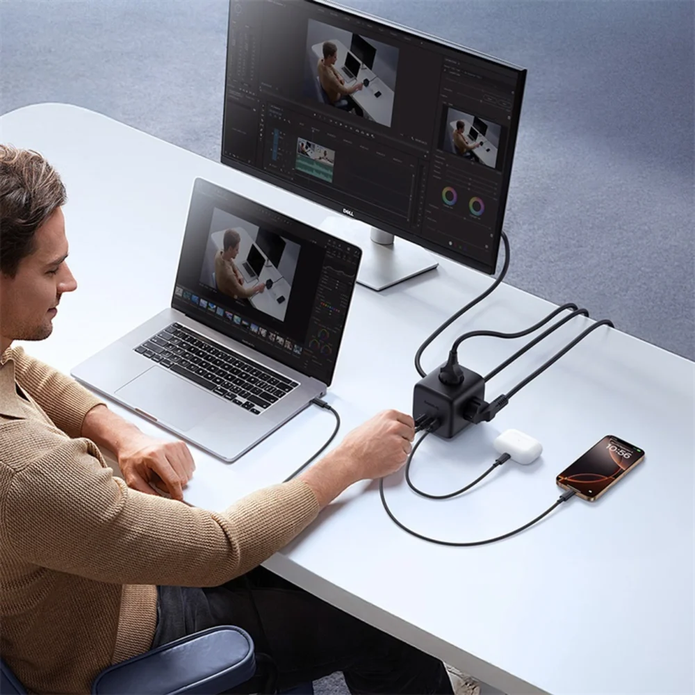 Baseus EnerFill FA11 67W Power Strip, USB-A + USB-C Cube + 3 x EU Socket 1.5m - Blackeng