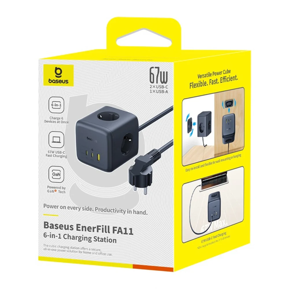 Baseus EnerFill FA11 67W Power Strip, USB-A + USB-C Cube + 3 x EU Socket 1.5m - Blackeng