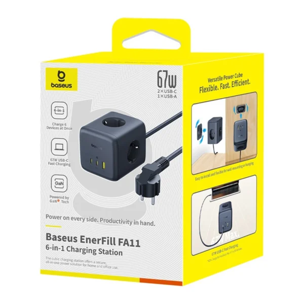 Baseus EnerFill FA11 67W Power Strip, USB-A + USB-C Cube + 3 x EU Socket 1.5m - Blackeng