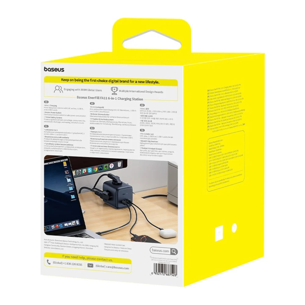 Baseus EnerFill FA11 67W Power Strip, USB-A + USB-C Cube + 3 x EU Socket 1.5m - Blackeng