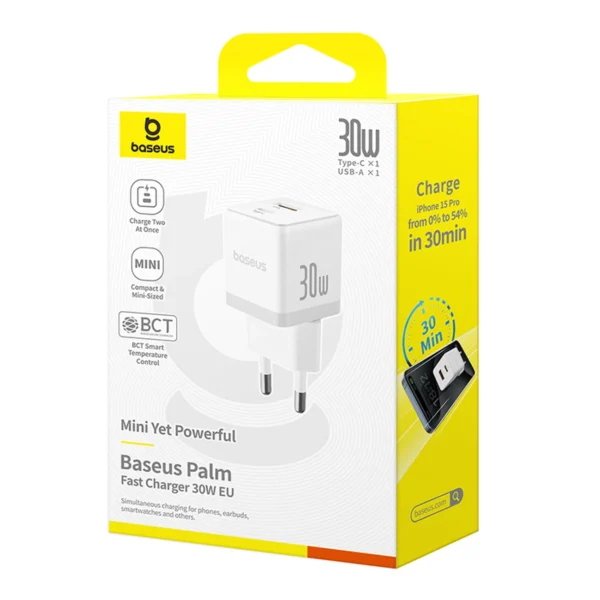Baseus Palm 30W USB-C USB-A Wall Charger - Whiteeng