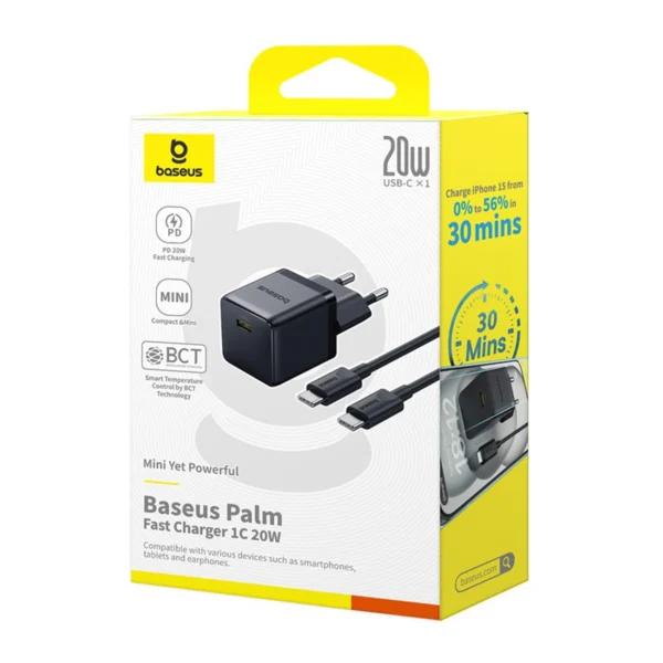 Baseus Palm 1C 20W Wall Charger (with Baseus Mini White USB-C 60W (20V/3A) 1m Cable) - Blackeng