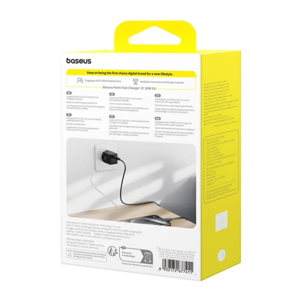 Baseus Palm 1C 20W Wall Charger (with Baseus Mini White USB-C 60W (20V/3A) 1m Cable) - Blackeng