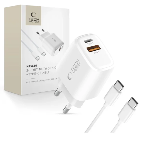 Tech-Protect NCA30 PD 30W QC3.0 USB-A / USB-C Wall Charger + USB-C / USB-C Cable 100cm - Whiteeng