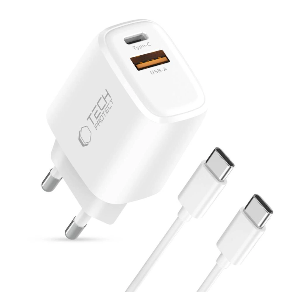 Tech-Protect NCA30 PD 30W QC3.0 USB-A / USB-C Wall Charger + USB-C / USB-C Cable 100cm - Whiteeng