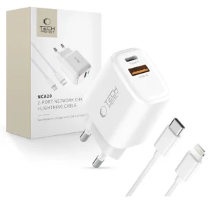 Tech-Protect NCA20 PD 20W QC3.0 USB-A / USB-C Wall Charger + USB-C / Lightning Cable 100cm - Whiteeng